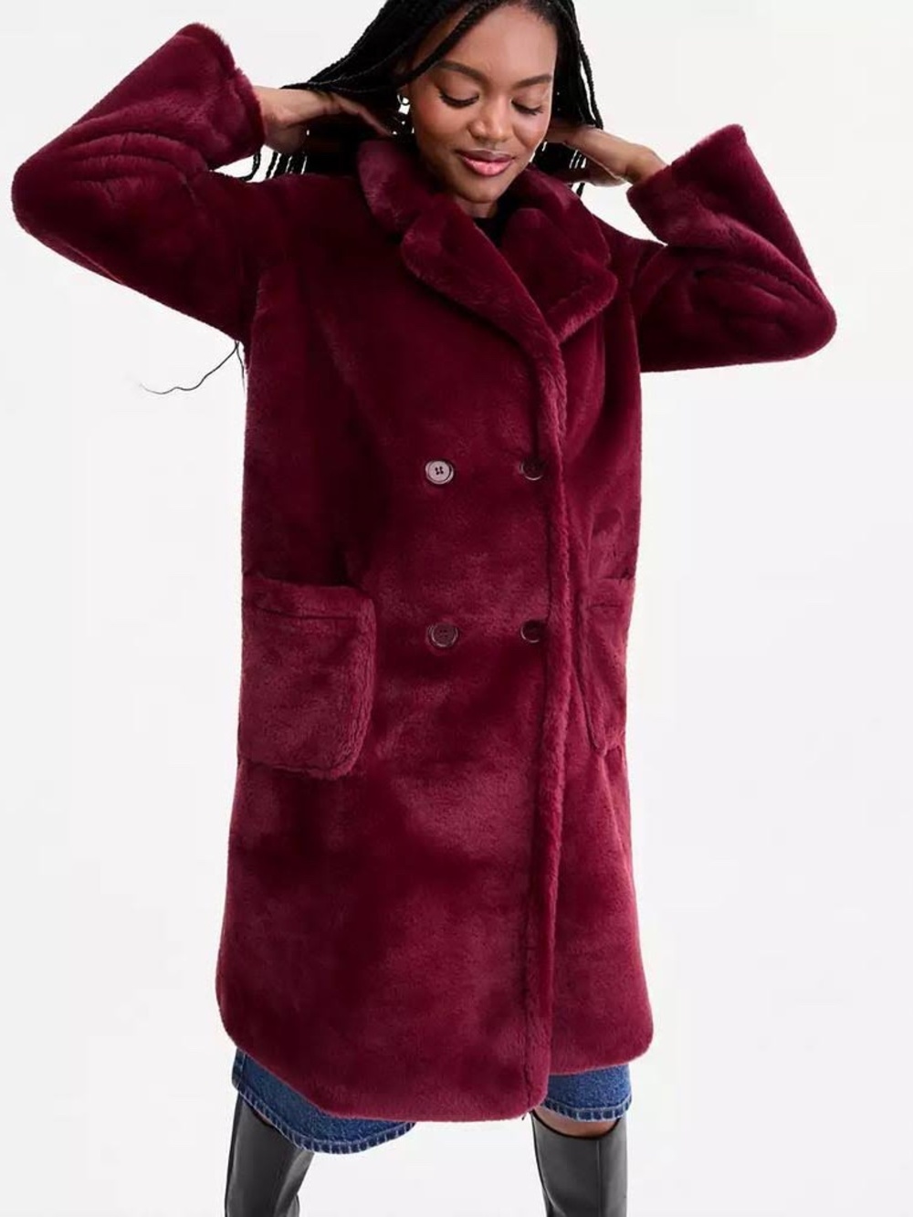 Jou Jou Double-Breasted Faux Fur Burgundy Coat size Large NWOT